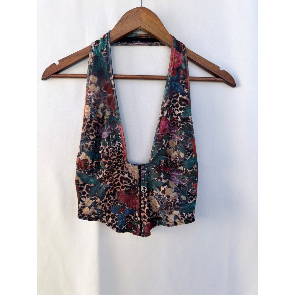 Leopard Floral Halter Corset Crop Top Y2K Mesh Hook & Eye Festival Sz Med - Picture 2 of 6